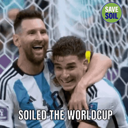 Two Soccer Players Are Hugging Each Other With The Words " Soiled The Worldcup " Above Them GIF