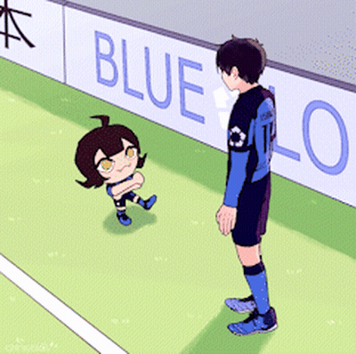 Two Soccer Players Beside Banner Saying Blue Lo GIF