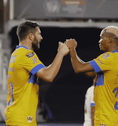 Two Soccer Players Giving Each Other A High Five While Wearing Yellow And Blue Uniforms GIF