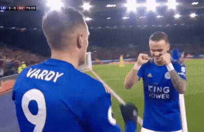 Two Soccer Players In Blue Jerseys Vardy 9 GIF