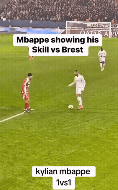 Two Soccer Players On A Field With A Caption That Says Mbappe Showing His Skill Vs Brest GIF