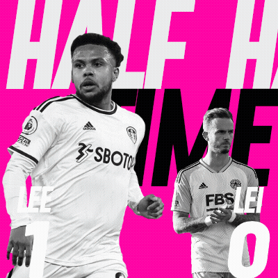 Two Soccer Players On A Pink Background With Half Time Written On The Bottom GIF