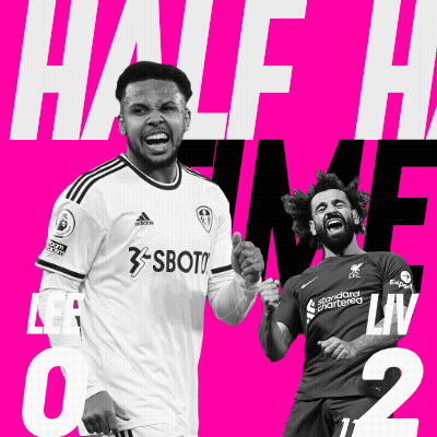 Two Soccer Players On A Pink Background With The Words Half Time On The Top GIF