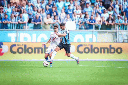 Two Soccer Players On Field In Front Of Colombo Ad GIF