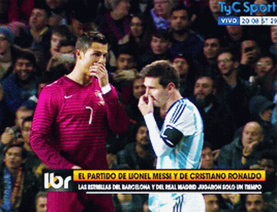 Two Soccer Players Standing Next To Each Other In Front Of A Crowd And A Headline That Says El Partido De Lionel Messi GIF