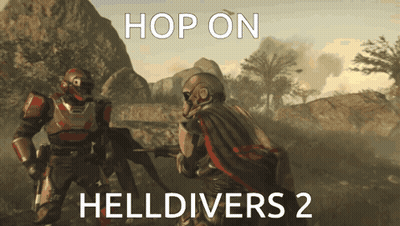 Two Soldiers Are Fighting With The Words Hop On Helldivers 2 Below Them GIF