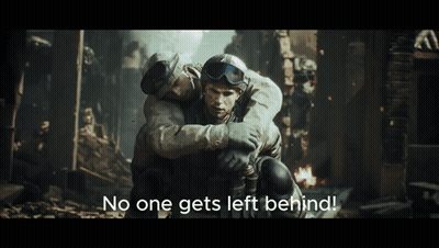 Two Soldiers Are Hugging With The Words No One Gets Left Behind Behind Them GIF