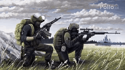 Two Soldiers Are Kneeling In A Field With Guns . GIF