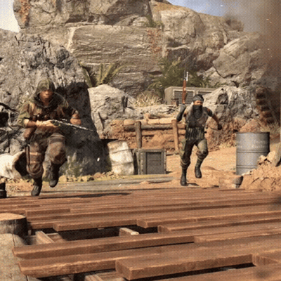 Two Soldiers Are Running Across A Wooden Bridge With A Barrel In The Background That Says ' Reichspartei ' On It GIF