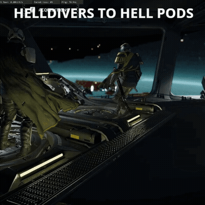 Two Soldiers Are Standing In A Room With The Words Helldivers To Hell Pods GIF