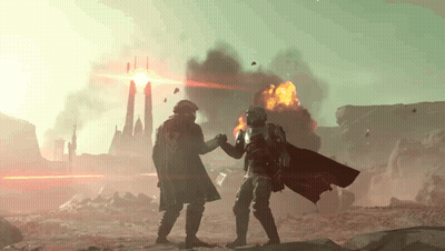 Two Soldiers Are Standing In Front Of An Explosion In A Video Game Scene GIF