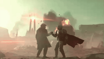 Two Soldiers Are Standing Next To Each Other In Front Of A Burning City . GIF