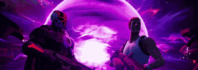 Two Soldiers Are Standing Next To Each Other In Front Of A Purple Background . GIF