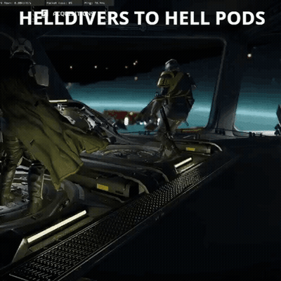 Two Soldiers Are Standing Next To Each Other With The Words Helldivers To Hell Pods Above Them GIF