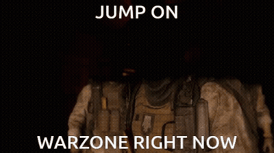 Two Soldiers Are Standing Next To Each Other With The Words " Jump On Warzone Right Now " GIF
