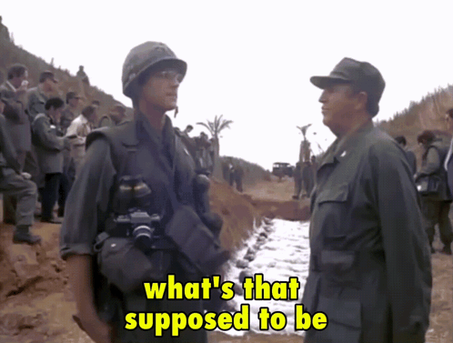 Two Soldiers Are Standing Next To Each Other With The Words What 'S That Supposed To Be Behind Them GIF