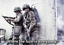 Two Soldiers Are Standing Next To Each Other With The Words " Where The Fuck Is Everybody " Above Them GIF