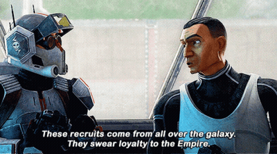 Two Soldiers Are Talking And One Says " These Recruits Come From All Over The Galaxy They Swear Loyalty To The Empire GIF