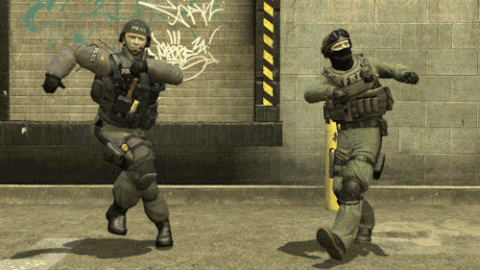 Two Soldiers Dancing In Front Of Brick Wall One With Police GIF