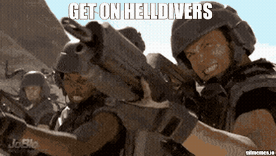 Two Soldiers Holding Guns Get On Helldivers GIF