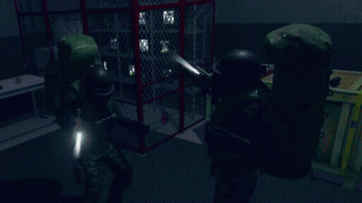 Two Soldiers Holding Guns In A Dark Room With A Red Cage In The Background GIF