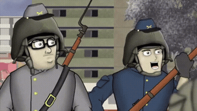 Two Soldiers Holding Guns, One In Hat With X GIF