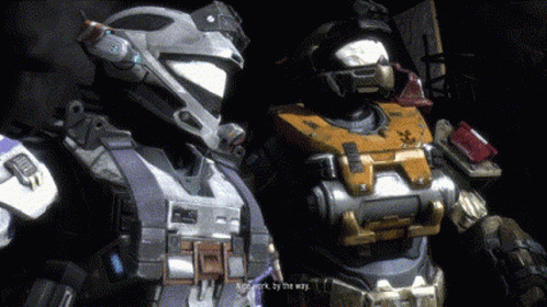 Two Soldiers In Armor Are Standing Next To Each Other And One Of Them Says " Work By The Way " GIF