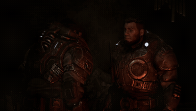 Two Soldiers In Armor Are Standing Next To Each Other In The Dark GIF