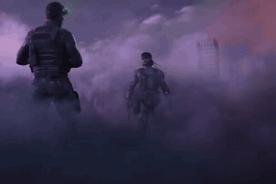 Two Soldiers Shaking Hands In Foggy Area GIF