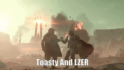 Two Soldiers Shaking Hands With The Words Toasty And Lzer On The Bottom GIF