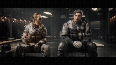 Two Soldiers Sitting In Dark Room GIF