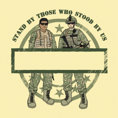 Two Soldiers Stand In Front Of A Sign That Says " Don 'T Leave Afghan Allies Behind " GIF