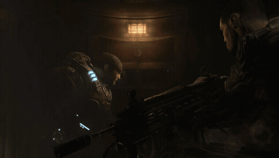 Two Soldiers Standing In Dark Room With Light GIF