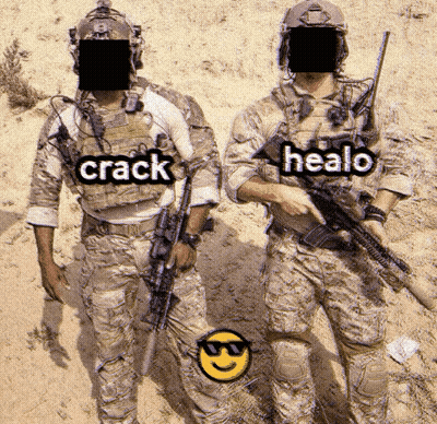 Two Soldiers Standing Next To Each Other With The Words Crack And Healo Written On Their Shirts GIF