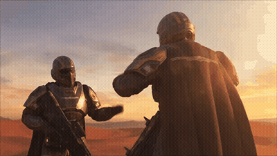 Two Soldiers Standing Next To Each Other With Their Arms Outstretched GIF