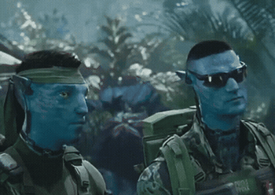 Two Soldiers With Blue Faces Are Standing Next To Each Other And One Has A Backpack That Says ' Army ' On It GIF