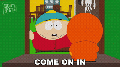 Two South Park Characters Are Standing In Front Of A Sign That Says Come On In GIF