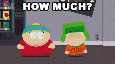 Two South Park Characters Are Standing Next To Each Other And The Words How Much Are Written Above Them GIF