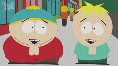 Two South Park Characters Are Standing Next To Each Other On A Sidewalk GIF