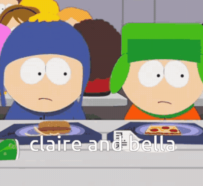 Two South Park Characters At Table With Claire And Bella GIF