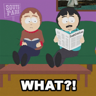 Two South Park Characters Sit On A Couch Reading Newspapers And A Sign That Says South Park GIF