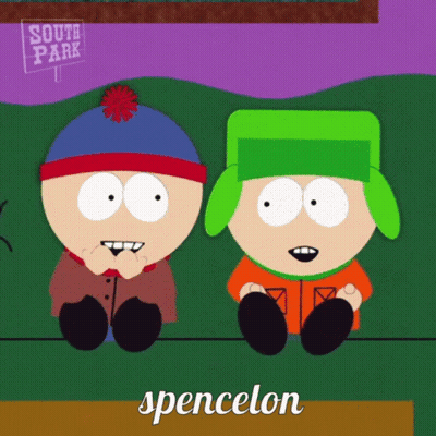 Two South Park Characters Sitting Next To Each Other With The Name Spencer On The Bottom GIF