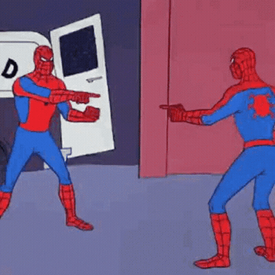 Two Spidermans Are Pointing At Each Other While Standing Next To Each Other In Front Of A Door . GIF