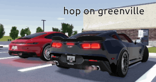 Two Sports Cars Are Parked In A Parking Lot With The Words Hop On Greenville On The Bottom GIF