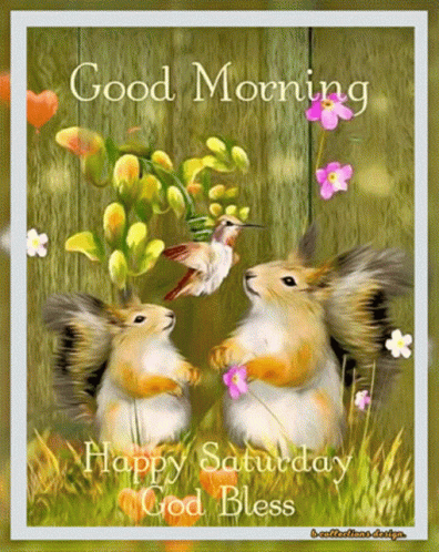 Two Squirrels Standing Next To Each Other With Flowers And A Hummingbird In The Background GIF