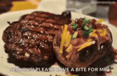 Two Steaks On Plate With Jealous Please Have A Bite For Me GIF