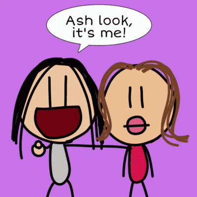 Two Stick Figures Are Standing Next To Each Other And One Of Them Says Ash Look It 'S Me GIF