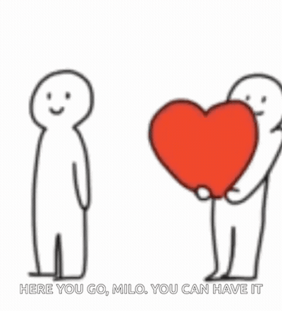 Two Stick Figures Holding Red Heart Saying Here You Go Milo GIF