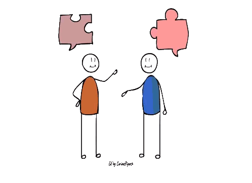 Two Stick Figures Standing Next To Each Other With Puzzle Pieces Above Them Sticker