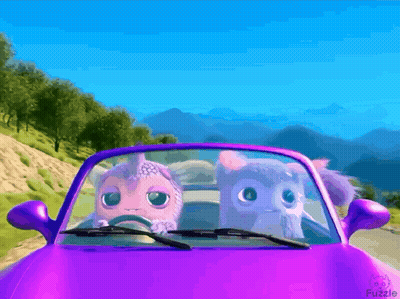 Two Stuffed Animals Are Driving A Purple Car On A Mountain Road GIF